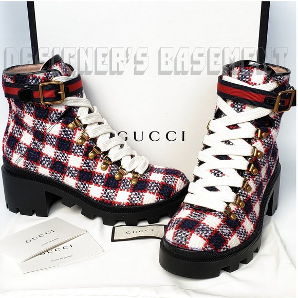 Gucci Shoes - GUCCI 40 blue red & white plaid tweed TRIP 40 platform web strap Hiker Boots